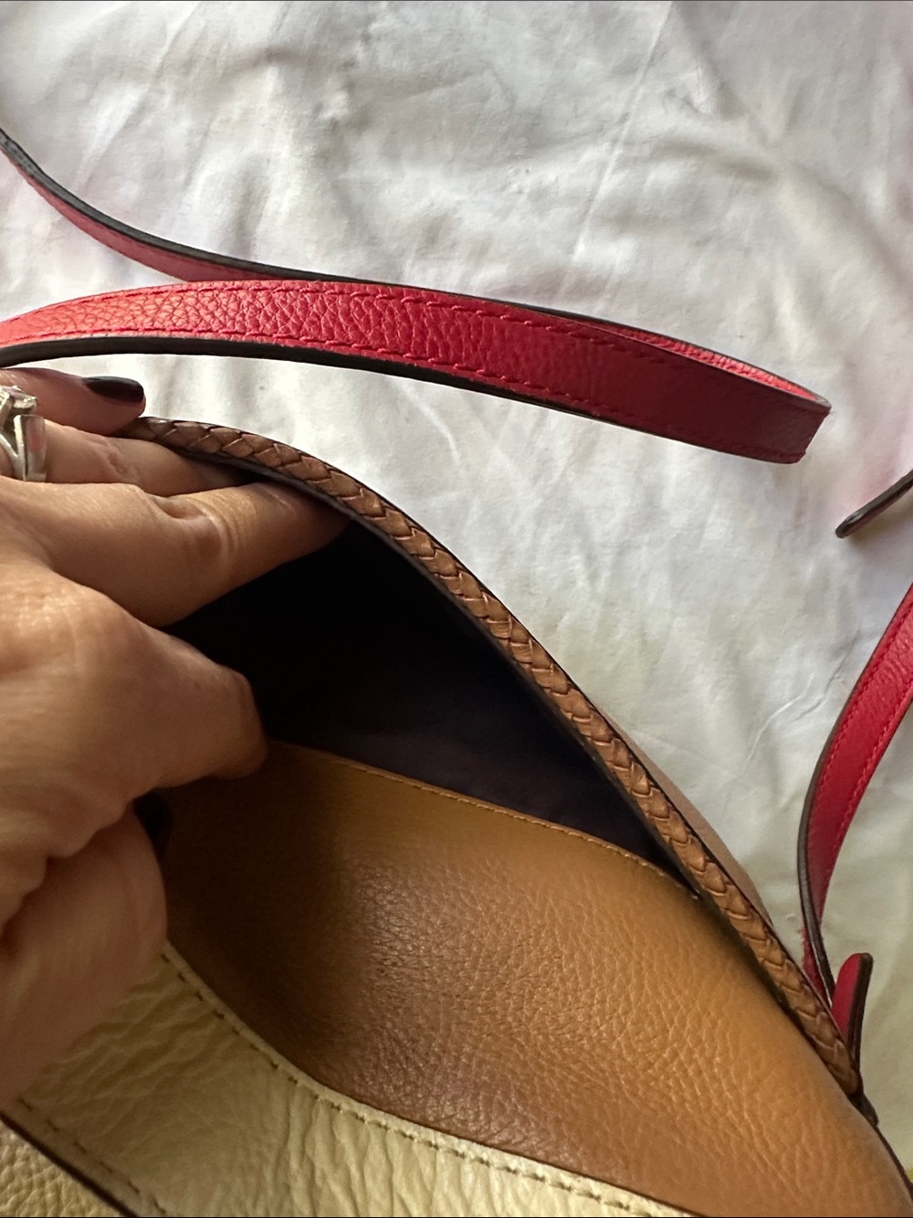 Cole Haan Benson Camera Bag- Light Brown Camel Cream and Red Leather - Picture 12 of 16